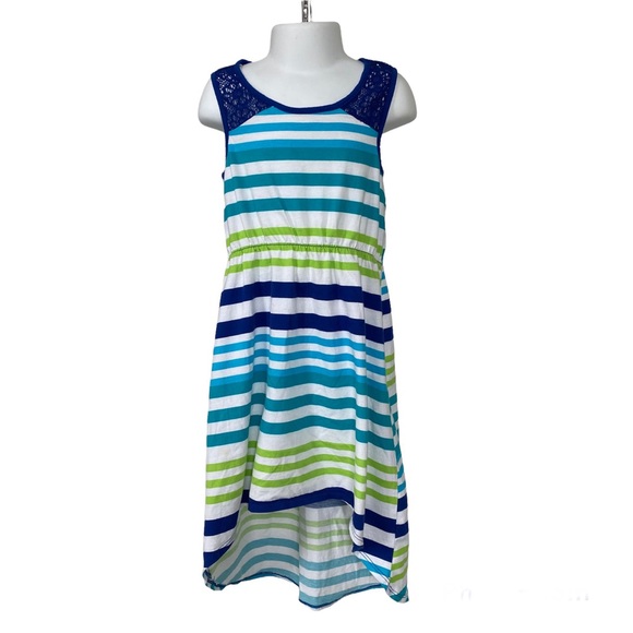 Girls 5/6 The Children’s Place Hi-Lo Blue White Green Stripe Lace Dress